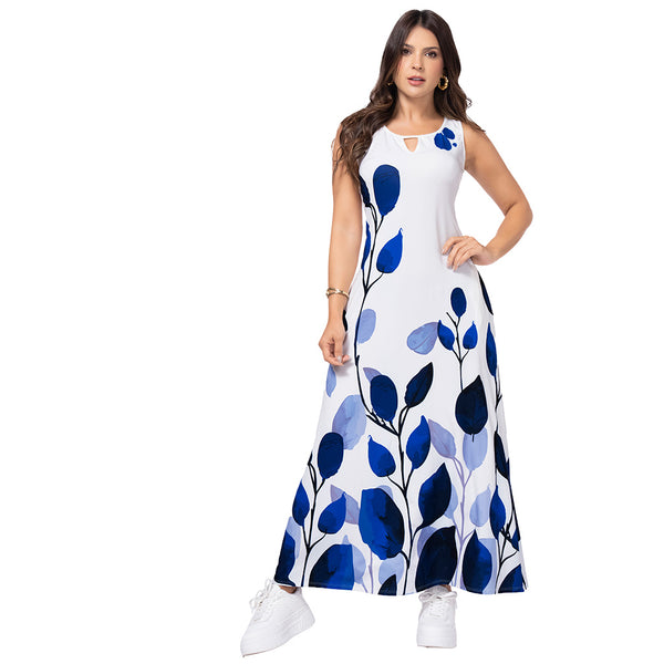 Ryocco Vestido Largo Estampado Blanco/Azul, para Mujer