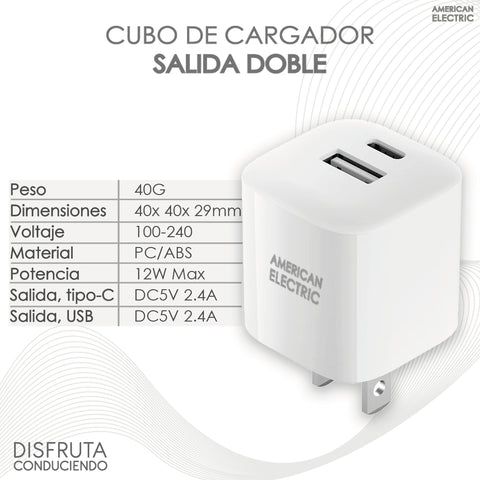 American Electric Cargador de Pared Dual USB + Usb-c 12w