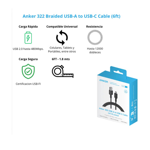 Anker Cable Trenzado Tipo USB-A a USB-C 1.8 Metros, A81H6