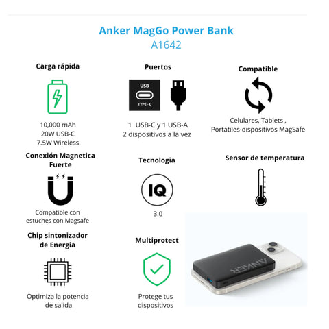 Anker Power Bank Batería Externa 10,000 Mah, A1642 + Regalía Cable Carga Rápida USB-C a USB-C