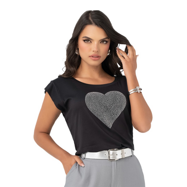 Ryocco Blusa de Cuello Redondo con Corazón de Perlas Negra, para Mujer