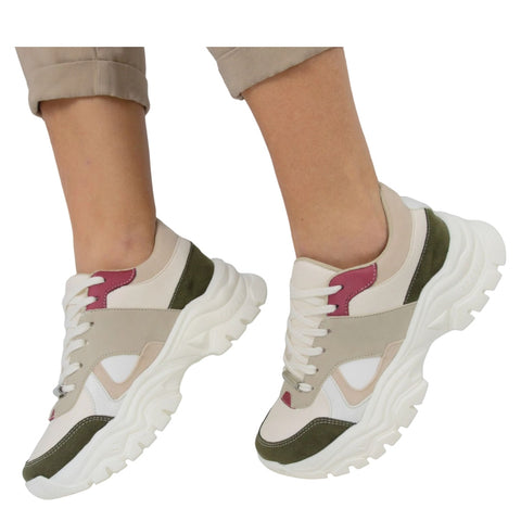 Befactory Tenis Chunky Beige/vino Tinto/ Verde, para Mujer