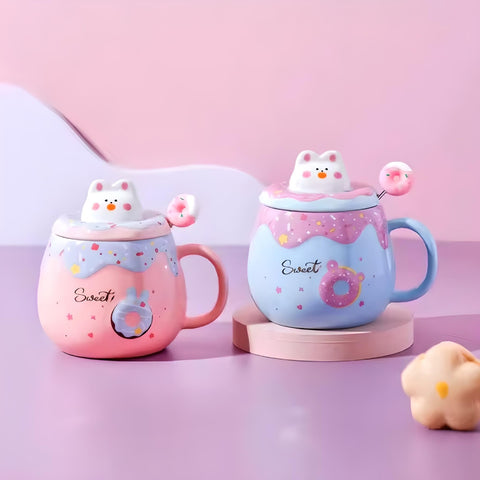 Miomu Taza de Cerámica con Tapa y Cuchara, Diseño Gato Kawaii