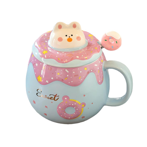 Miomu Taza de Cerámica con Tapa y Cuchara, Diseño Gato Kawaii