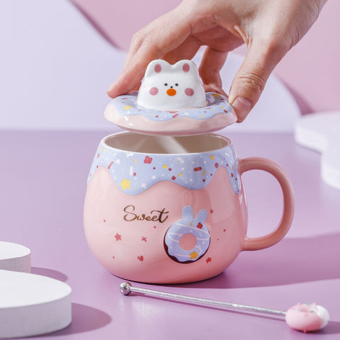 Miomu Taza de Cerámica con Tapa y Cuchara, Diseño Gato Kawaii