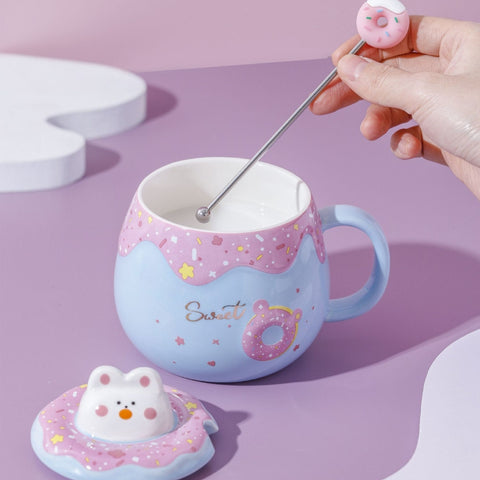 Miomu Taza de Cerámica con Tapa y Cuchara, Diseño Gato Kawaii