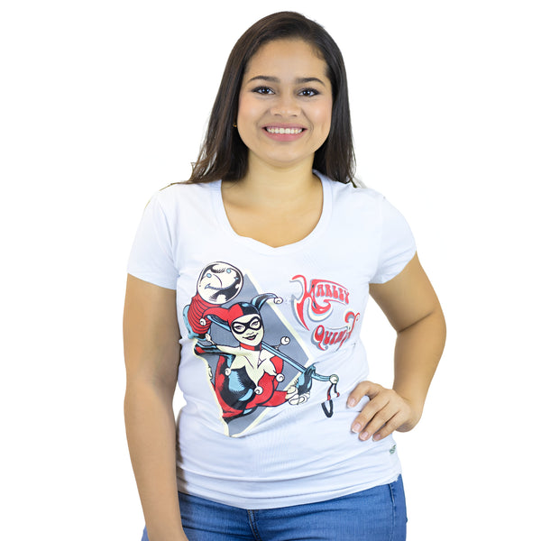 Miomu Blusa para Mujer DC Comics Harley Queen, Blanco