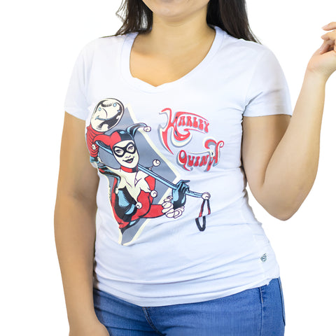 Miomu Blusa para Mujer DC Comics Harley Queen, Blanco