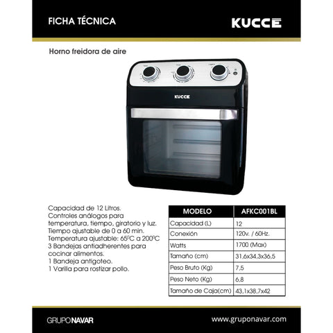 Kucce Horno con Freidora de Aire 12 Litros, Afkc001bl