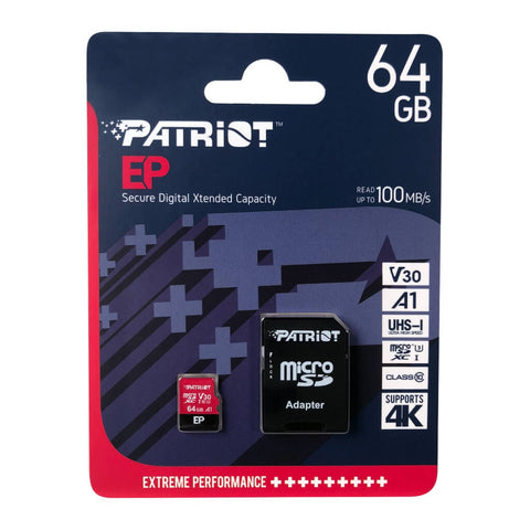 Patriot Tarjeta de Memoria MicroSDXC 64GB V30 A1 con Adaptador SD, PEF64GEP31MCX