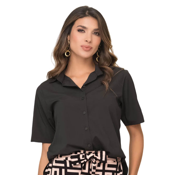 Ryocco Blusa Manga Corta de Botones Negro, para Mujer