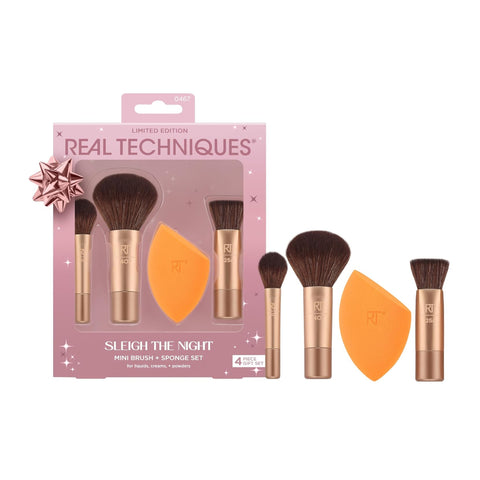 Real Technique Set de Mini Brochas + Esponja de Maquillaje Sleigh The Night, 4 Piezas