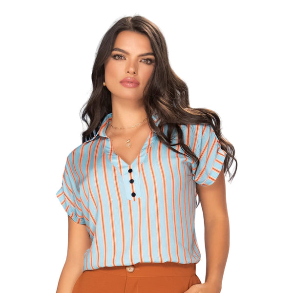 Ryocco Blusa Manga Corta Azul de Rayas Café, para Mujer