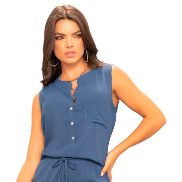 Ryocco Blusa sin Manga Azul Petróleo, para Mujer