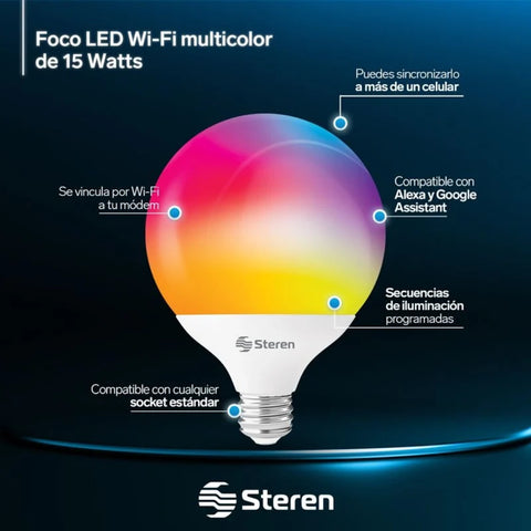 Steren Bombillo Inteligente Wi-Fi LED RGB 15W, SHOME-122