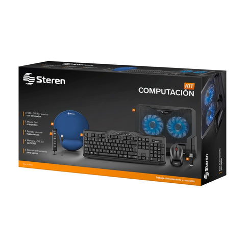 Steren Kit Teclado/Mouse Inalámbrico + Base Ventiladora + Hub USB 7 Puertos + Memoria Flash 32GB + Mouse Pad, 5 Piezas