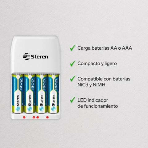 Steren Set Cargador Rápido de Baterías AA/AAA CRG-100, 5 Piezas