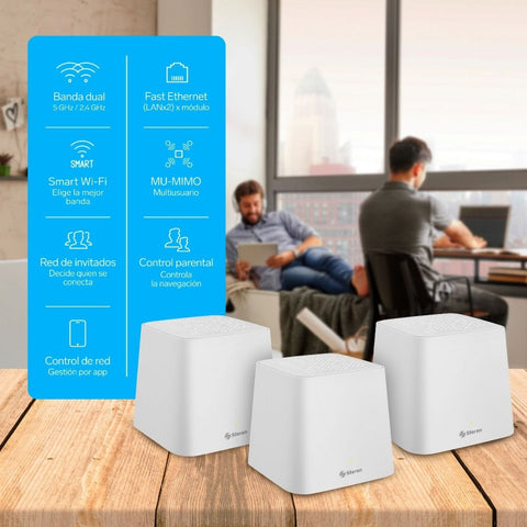 Steren Set Router Inalámbrico Sistema Mesh Wi-Fi MU-MIMO, 3 Piezas