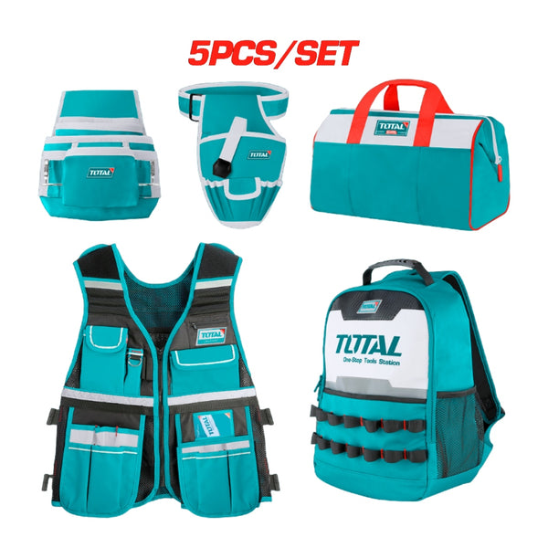 Total Set Porta Herramienta Sencillo + Porta Herramientas con Faja + Chaleco + Mochila + Maletín, 5 Piezas