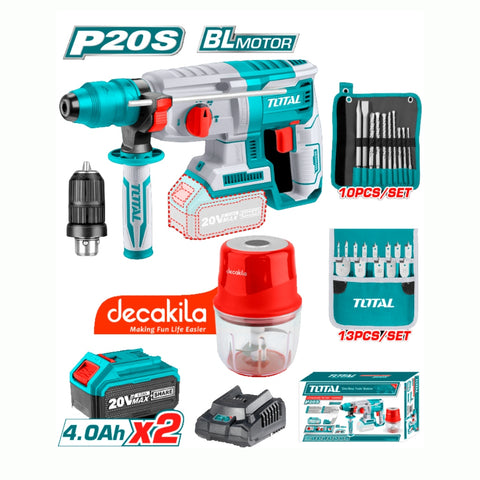 Total Set Rotomartillo Inalámbrico Recargable 20V + Brocas + Decakila Mini Picatodo, 28 Piezas