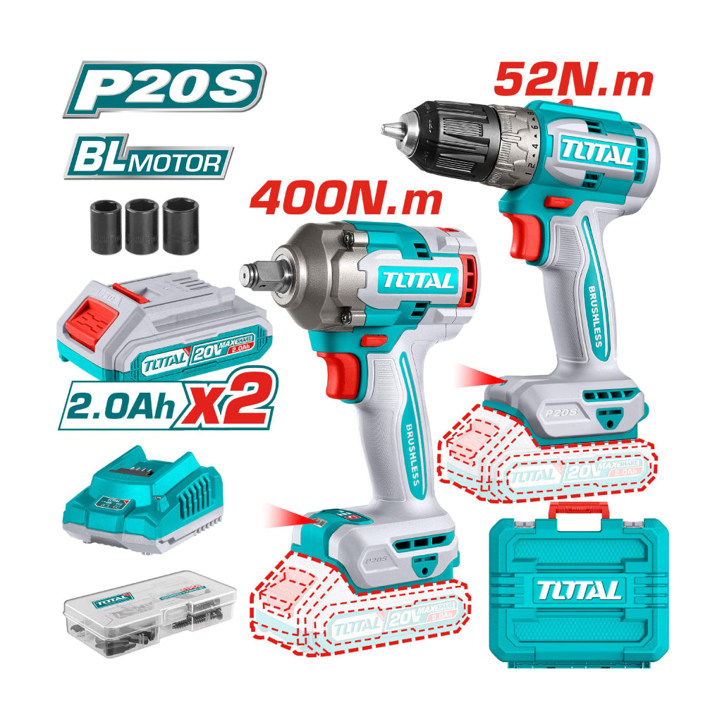 Total Set Taladro + Pistola de Impacto + 2 Baterías, UTCKLI20271