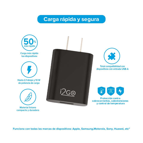 i2GO Cargador Rápido de Pared USB 2.1A 10W