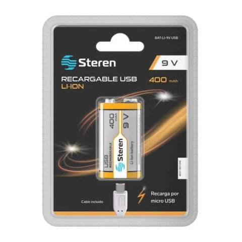 Steren Batería Recargable Cuadrada USB Li-Ion 9V 400mAh, BAT-LI-9V USB