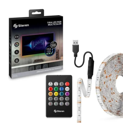 Steren Tira LED Multicolor RGB con Control Remoto 2m, GAD-LED2