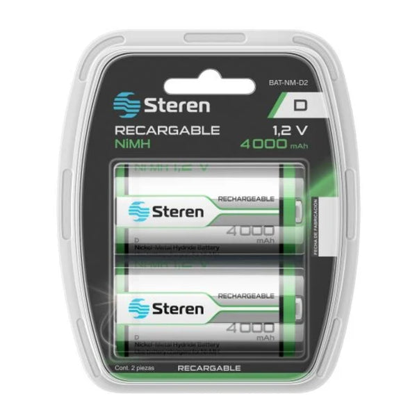 Steren Baterías Recargables D NiMH 4000mAh 2 Piezas, BAT-NM-D2