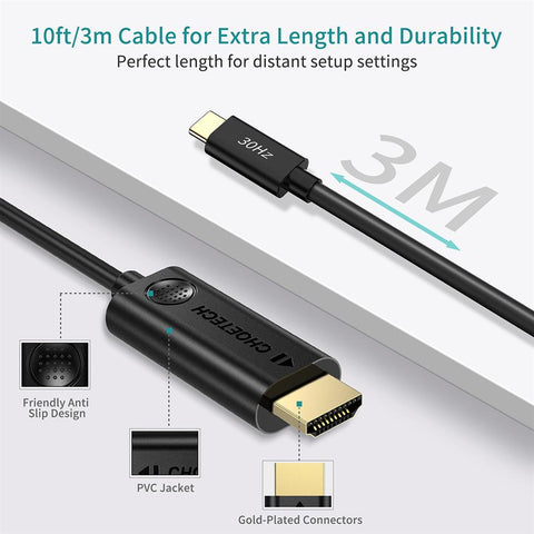 Câble USB-C vers HDMI Choetech XCH-0030, 3m - Noir - www.domotique