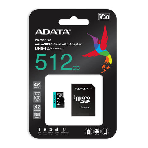 Adata Tarjeta de Memoria 512GB 4K V30 MicroSDXC/SDHC Clase 10, AUSDX512GUI3V30SA2-RA1