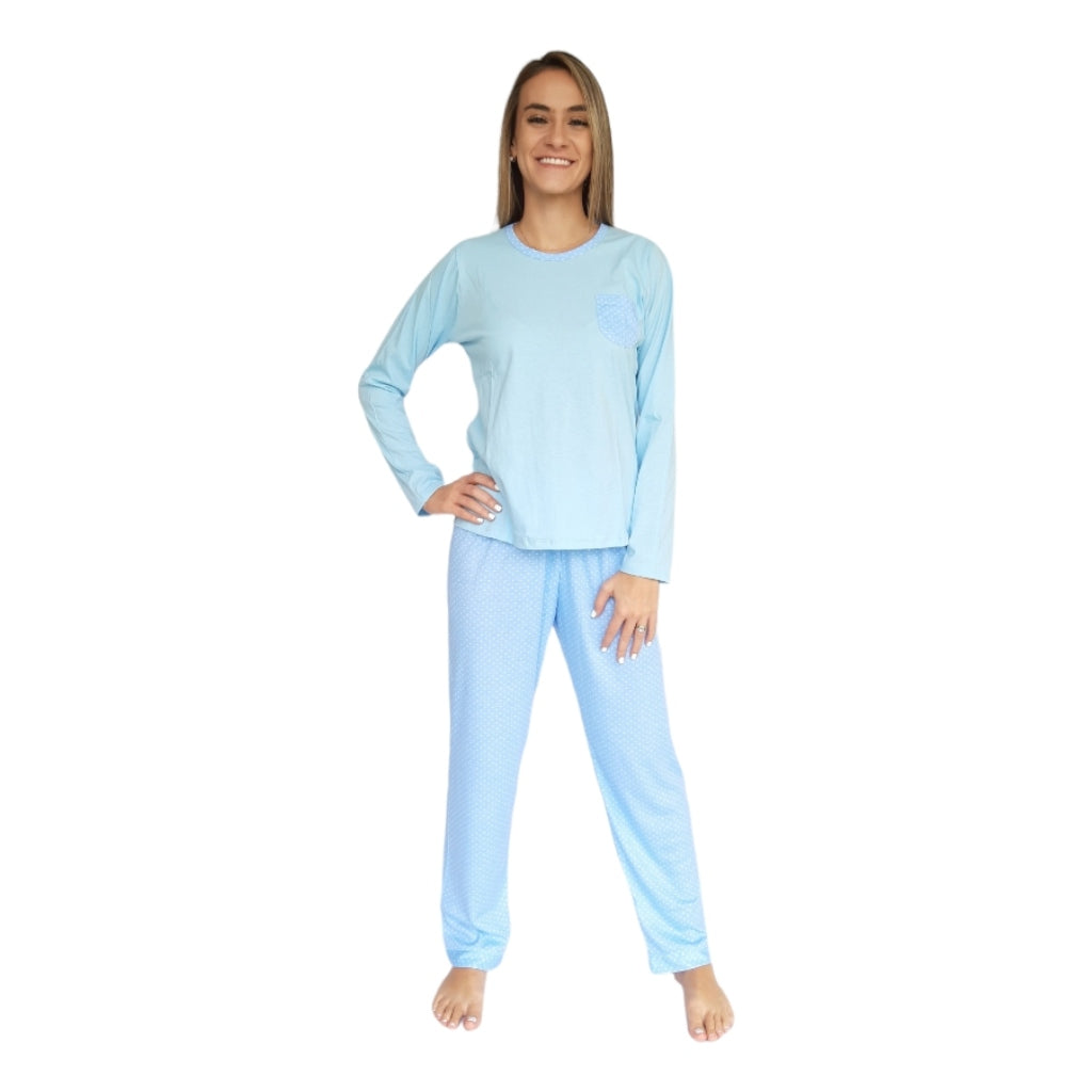 Chachá Pijama de Algodón Celeste con Puntos Blancos, para Mujer