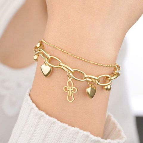 CR Charms Pulsera Eslabones Cruz y Corazones, Acero