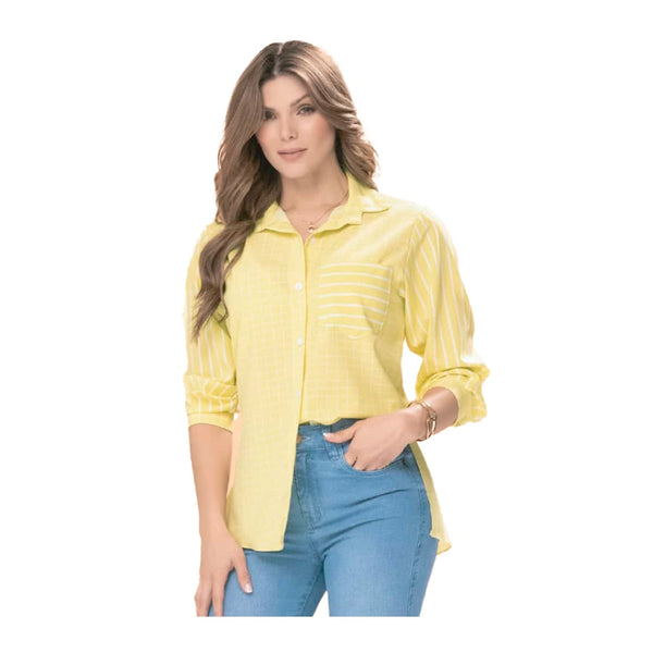 Ryocco Blusa Diseño de Rayas con Cuadros Amarilla, para Mujer