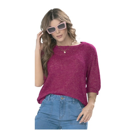 Ryoco Blusa Magenta Texturizada Manga Tres Cuarto, para Mujer