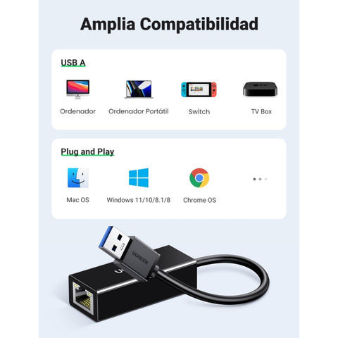 Ugreen Adaptador USB Tipo A a Ethernet Gigabit RJ45 (20256)