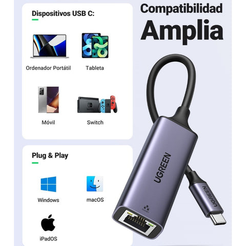 Ugreen Adaptador USB Tipo C a Ethernet Gigabit RJ45 (50737)