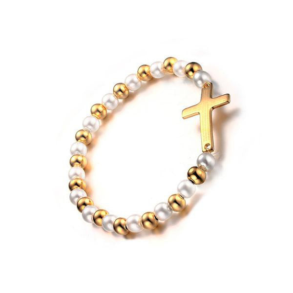 CR Charms Pulsera Perlas con Cruz, Acero