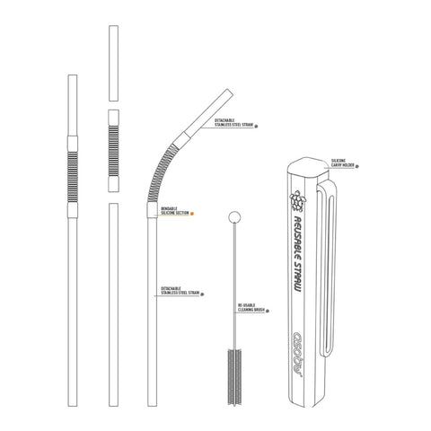 Asobu Kit Pajillas de Acero Inoxidable con Estuche y Cepillo de Limpieza PS/2, 4 Piezas