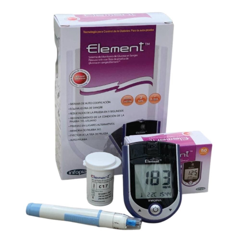 Element Kit Medidor de Glucosa Digital Multiusuario + 50 Tiras para Glicemia