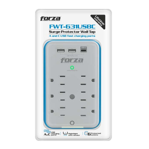 Forza Protector de Voltaje USB 490J/1875W 6 Salidas 120V, FWT-631USBC